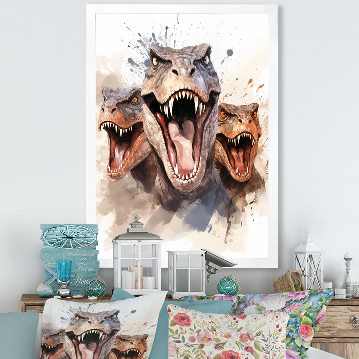 Family Of Velociraptor Dinosaurs Portrait - Dinosaur Framed Canvas Art