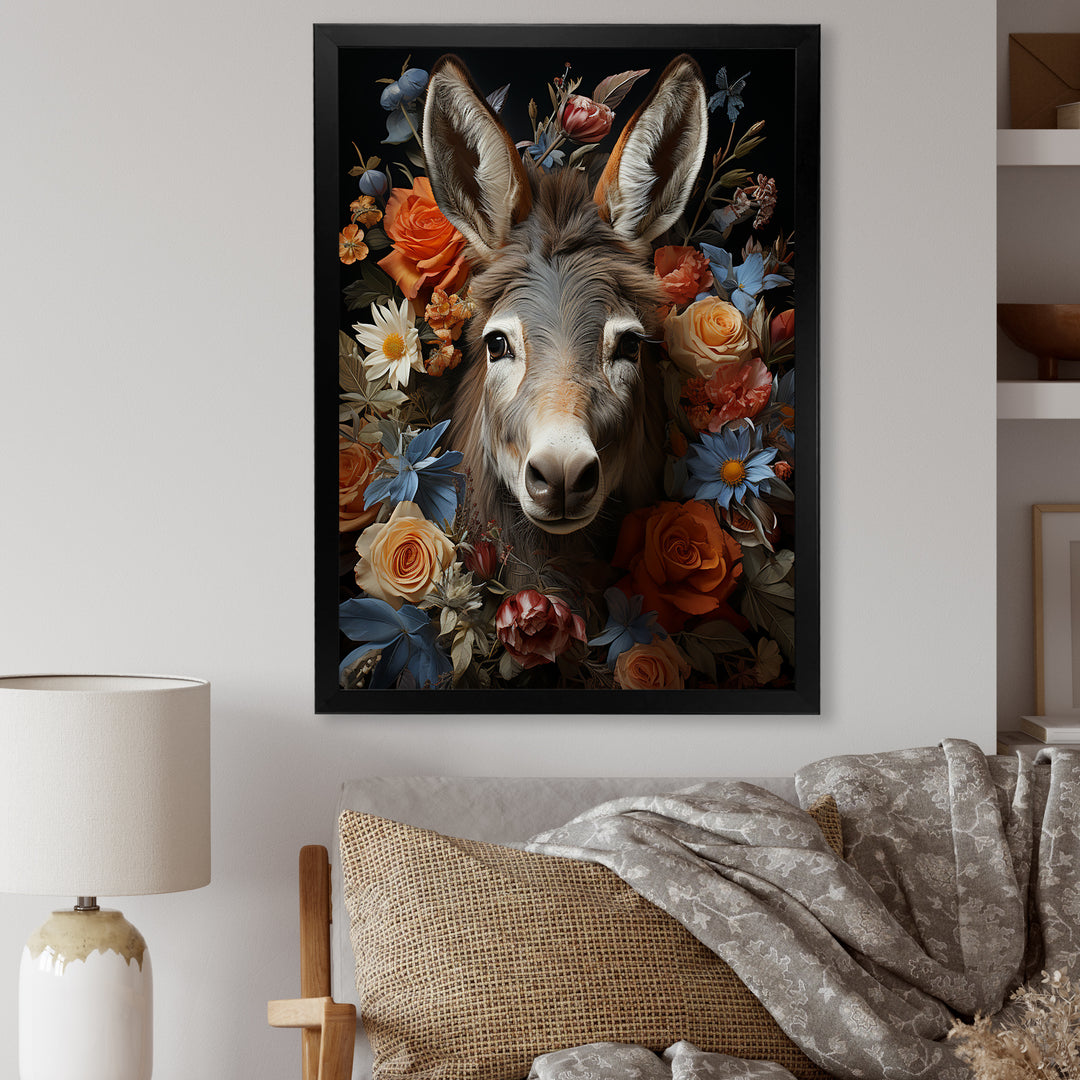 Cute Donkey with color flowers in harmony - Donkey Wall Art Prints