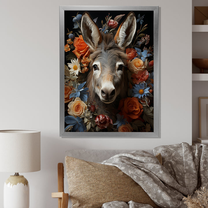 Cute Donkey with color flowers in harmony - Donkey Wall Art Prints