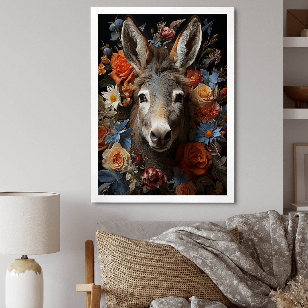 Cute Donkey with color flowers in harmony - Donkey Wall Art Prints