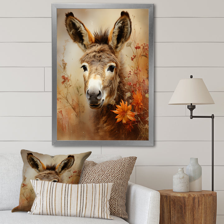 Farmhouse Donkey portrait in autumn - Brown Donkey Wall Art