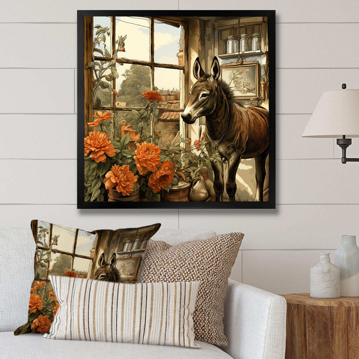 Vintage Donkey farm charm with Orange flowers - Animals Canvas Wall Art
