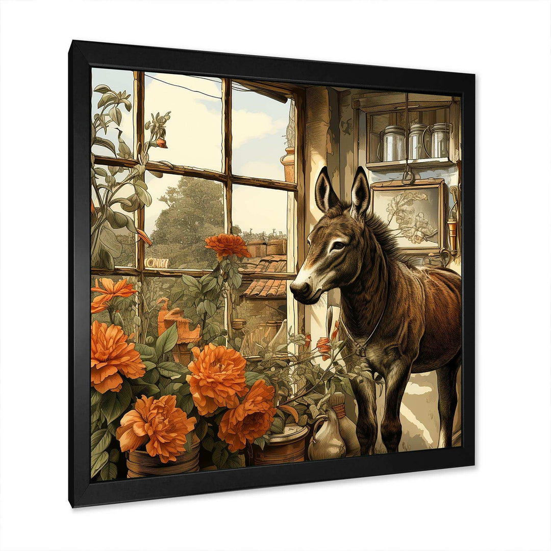 Vintage Donkey farm charm with Orange flowers - Animals Canvas Wall Art