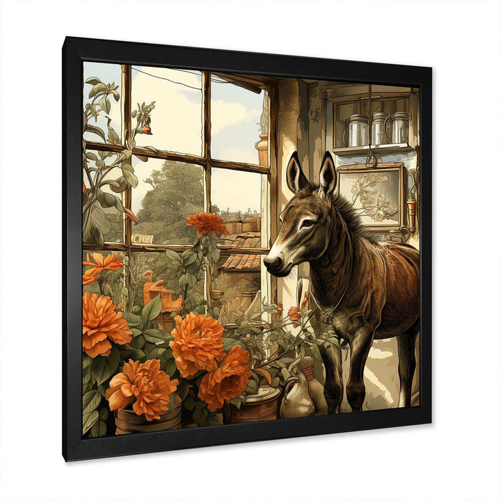 Vintage Donkey farm charm with Orange flowers - Animals Canvas Wall Art