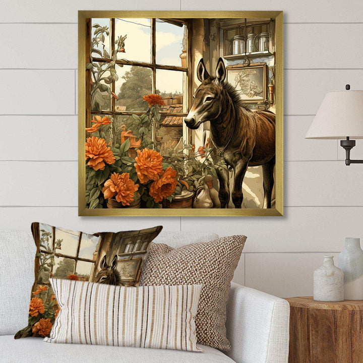 Vintage Donkey farm charm with Orange flowers - Animals Canvas Wall Art