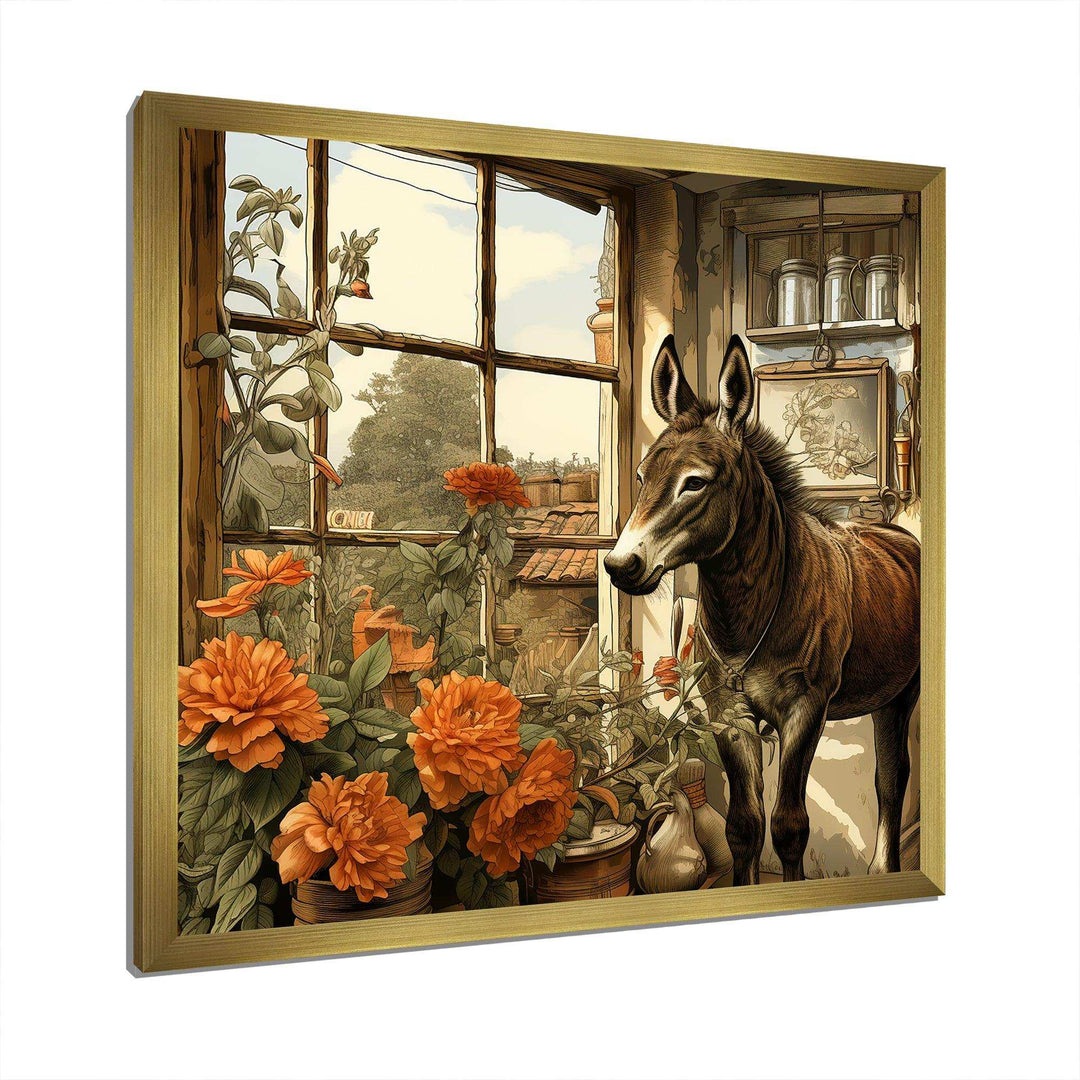 Vintage Donkey farm charm with Orange flowers - Animals Canvas Wall Art