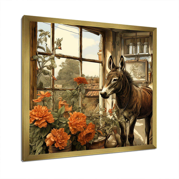 Vintage Donkey farm charm with Orange flowers - Animals Canvas Wall Art