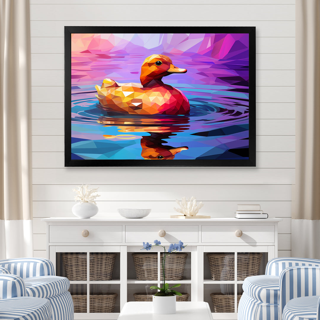 Yellow duck on purple lake - Duck Canvas Wall Art