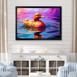 Yellow duck on purple lake - Duck Canvas Wall Art