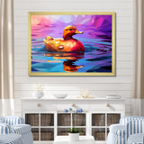 Yellow duck on purple lake - Duck Canvas Wall Art