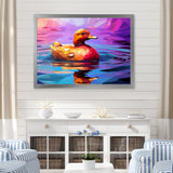 Yellow duck on purple lake - Duck Canvas Wall Art