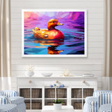Yellow duck on purple lake - Duck Canvas Wall Art