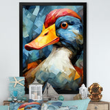 Cubist Quack duck portrait in blue and yellow - Duck Living Room Wall Art