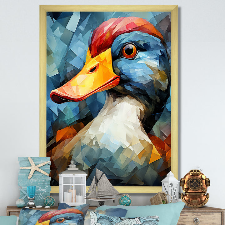 Cubist Quack duck portrait in blue and yellow - Duck Living Room Wall Art