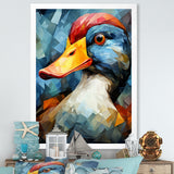 Cubist Quack duck portrait in blue and yellow - Duck Living Room Wall Art