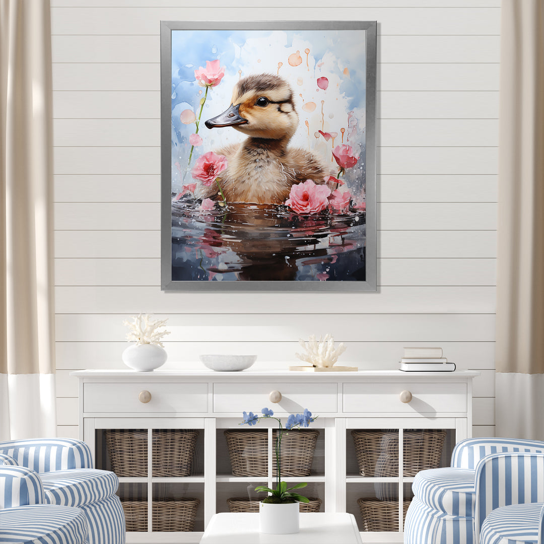 Cute Duck in Floral Elegance - Gray Duck Wall Art