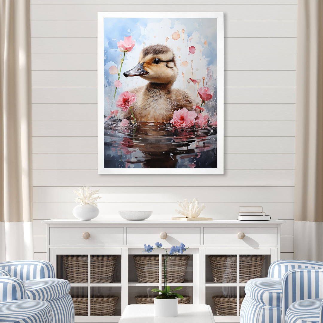 Cute Duck in Floral Elegance - Gray Duck Wall Art