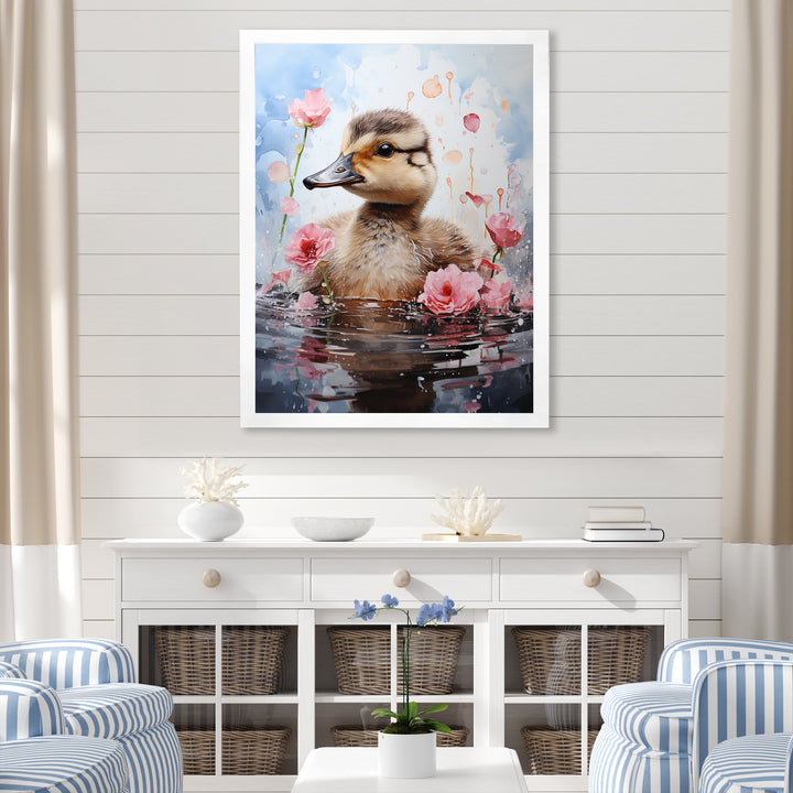 Cute Duck in Floral Elegance - Gray Duck Wall Art