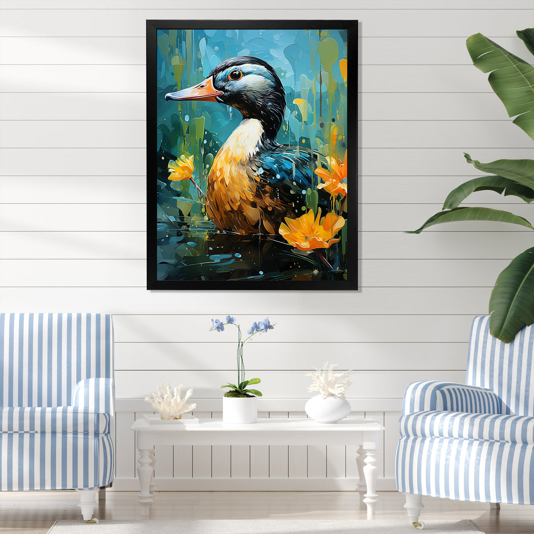 Moonlit duck in floral Elegance - Duck Framed Canvas Art