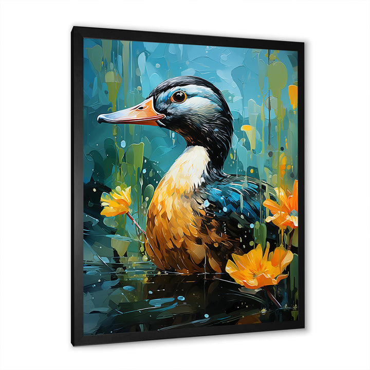 Moonlit duck in floral Elegance - Duck Framed Canvas Art