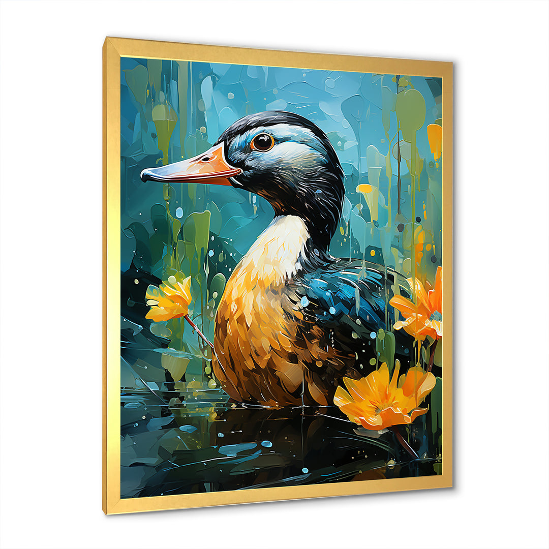 Moonlit duck in floral Elegance - Duck Framed Canvas Art