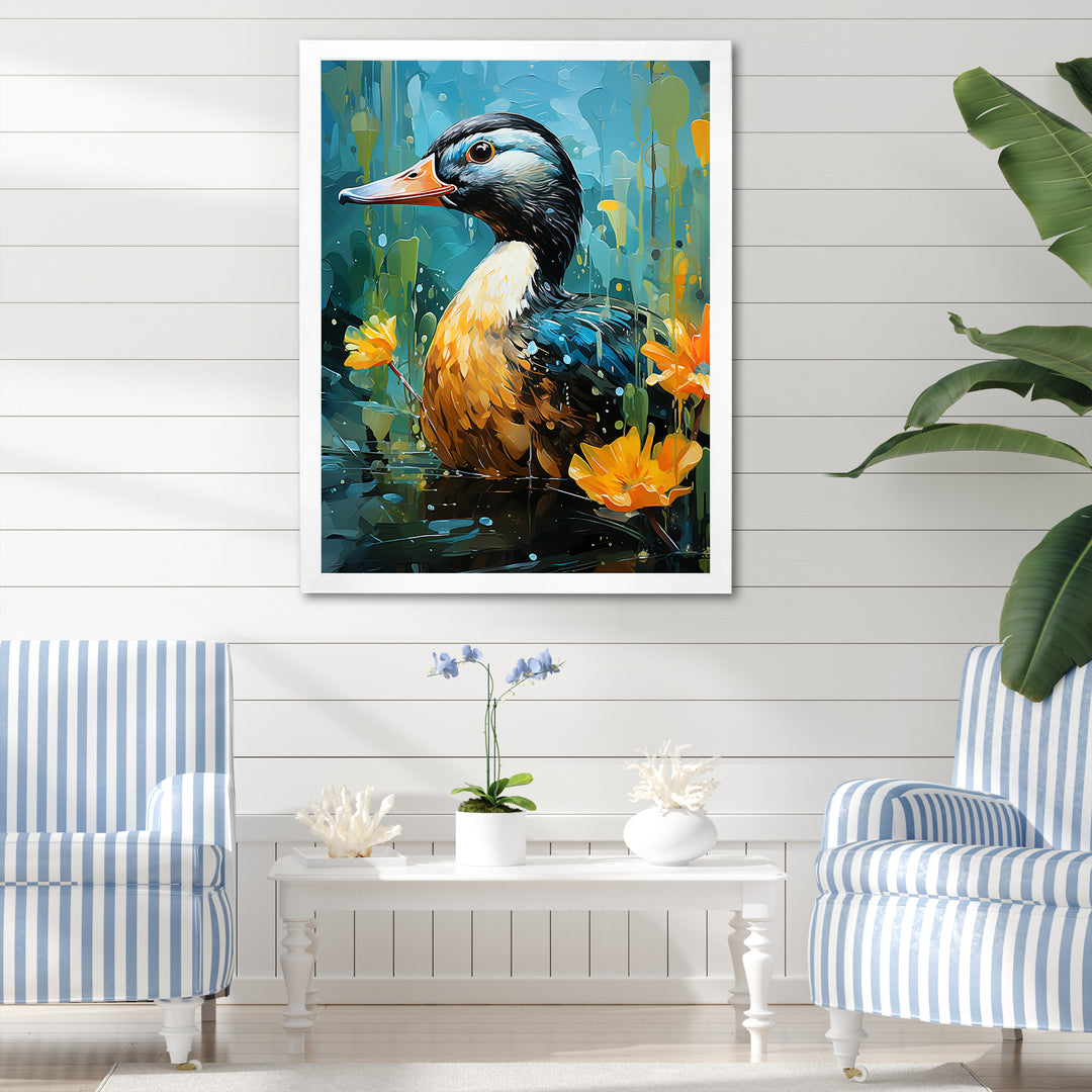 Moonlit duck in floral Elegance - Duck Framed Canvas Art