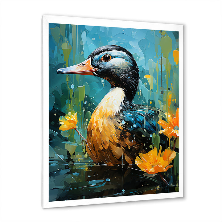 Moonlit duck in floral Elegance - Duck Framed Canvas Art