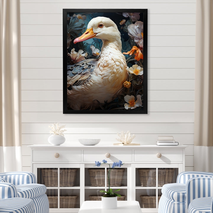 White duck Feathered floral Elegance - Duck Large Canvas Wall Art