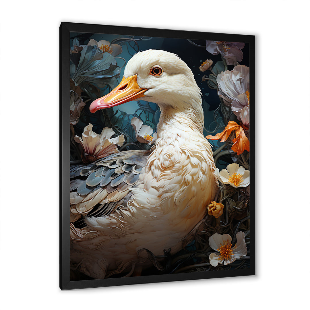 White duck Feathered floral Elegance - Duck Large Canvas Wall Art