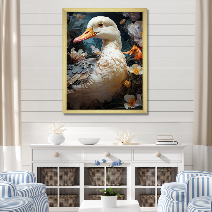 White duck Feathered floral Elegance - Duck Large Canvas Wall Art