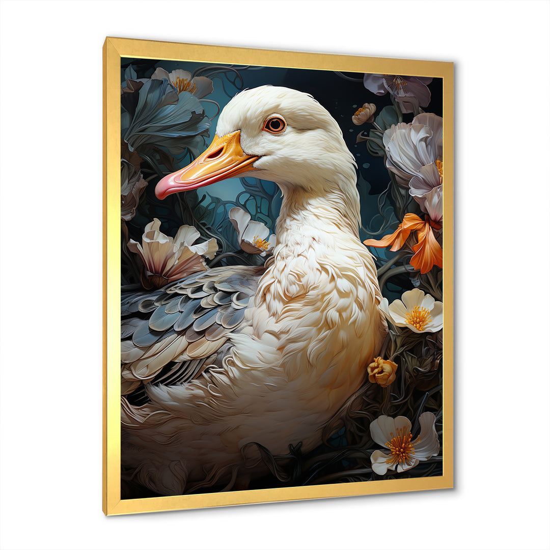 White duck Feathered floral Elegance - Duck Large Canvas Wall Art