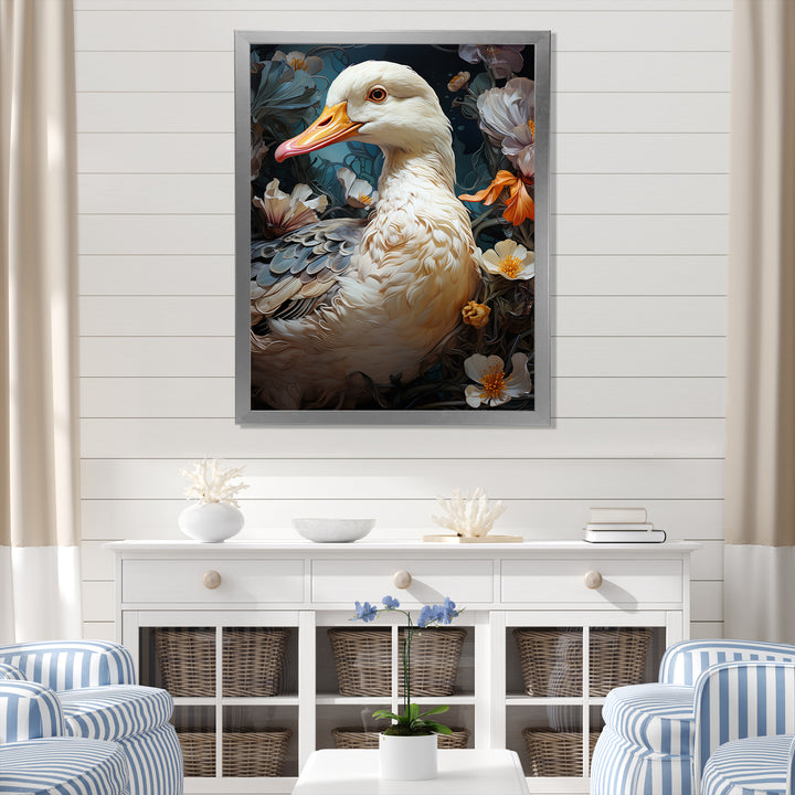White duck Feathered floral Elegance - Duck Large Canvas Wall Art