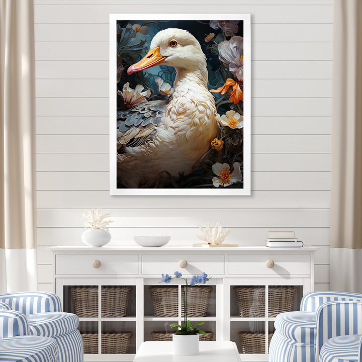White duck Feathered floral Elegance - Duck Large Canvas Wall Art