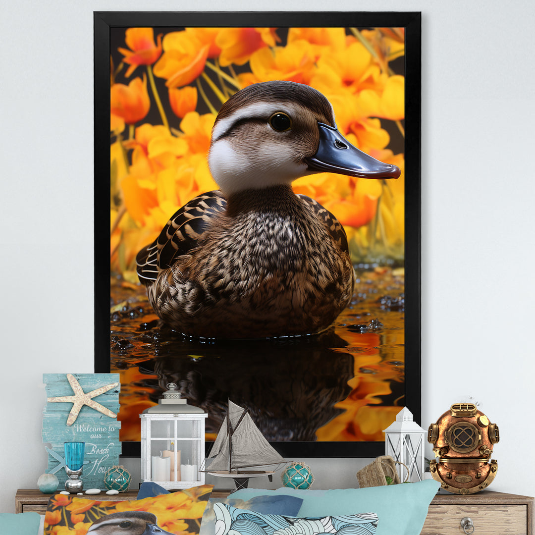Brown and yellow baby duck at the lake - Duck Home Decor Art