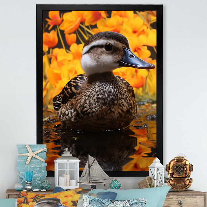 Brown and yellow baby duck at the lake - Duck Home Decor Art