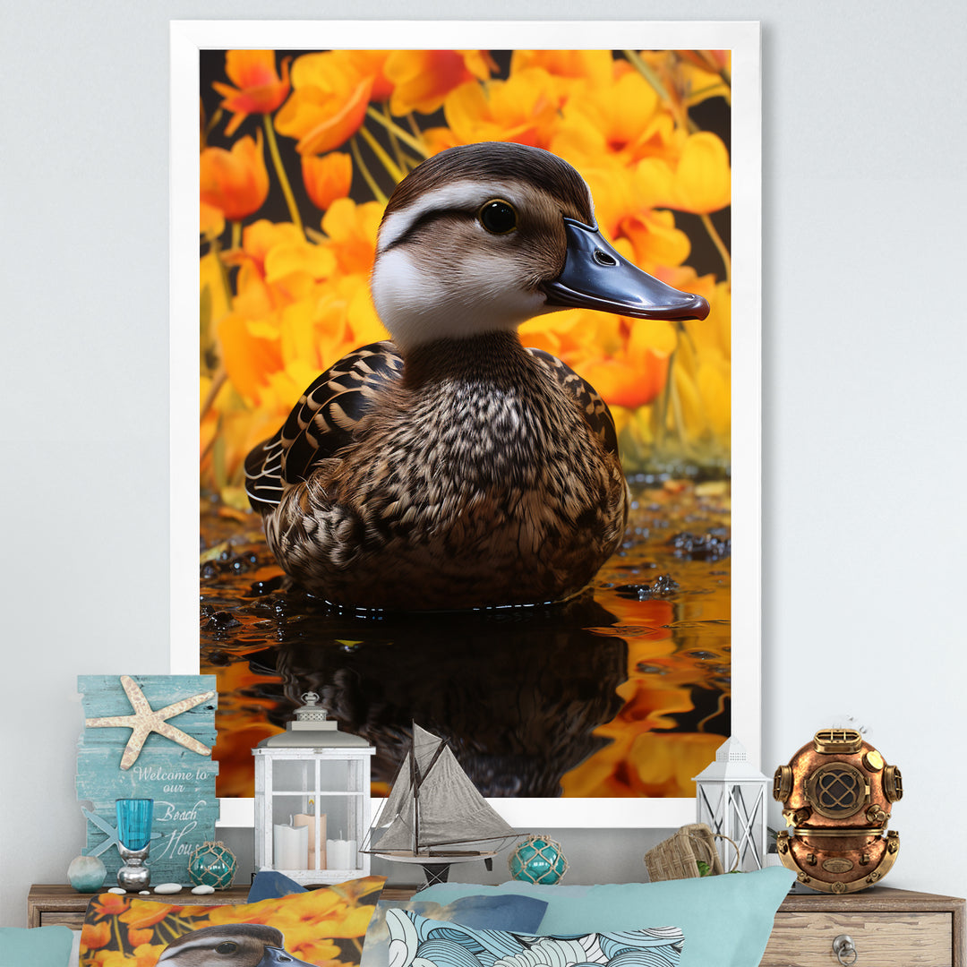 Brown and yellow baby duck at the lake - Duck Home Decor Art