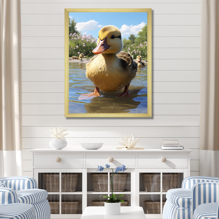Yellow and green baby duck photo at the lake - Duck Bedroom Wall Art