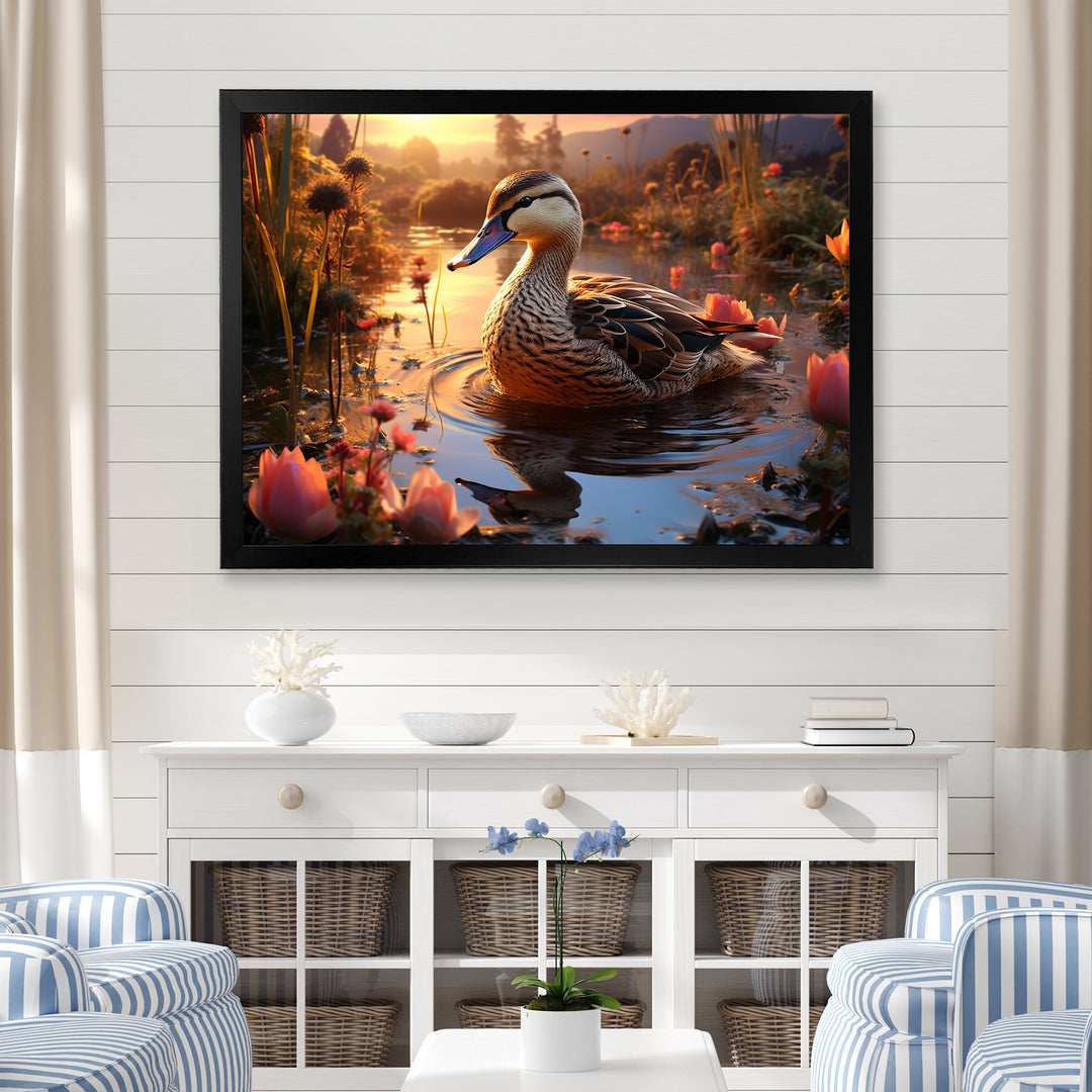 Brown duck Feathered floral Elegance - Duck Canvas Wall Art