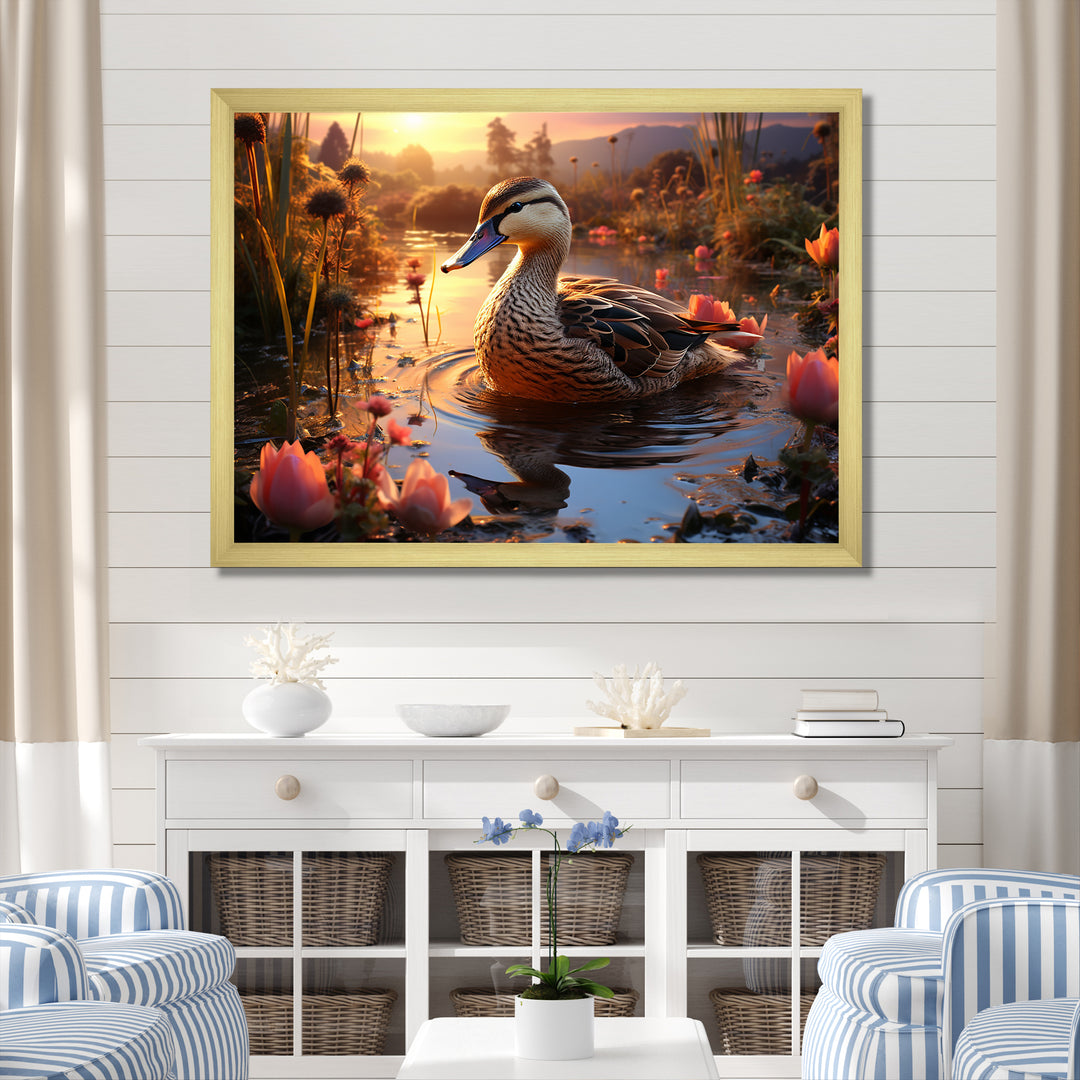 Brown duck Feathered floral Elegance - Duck Canvas Wall Art