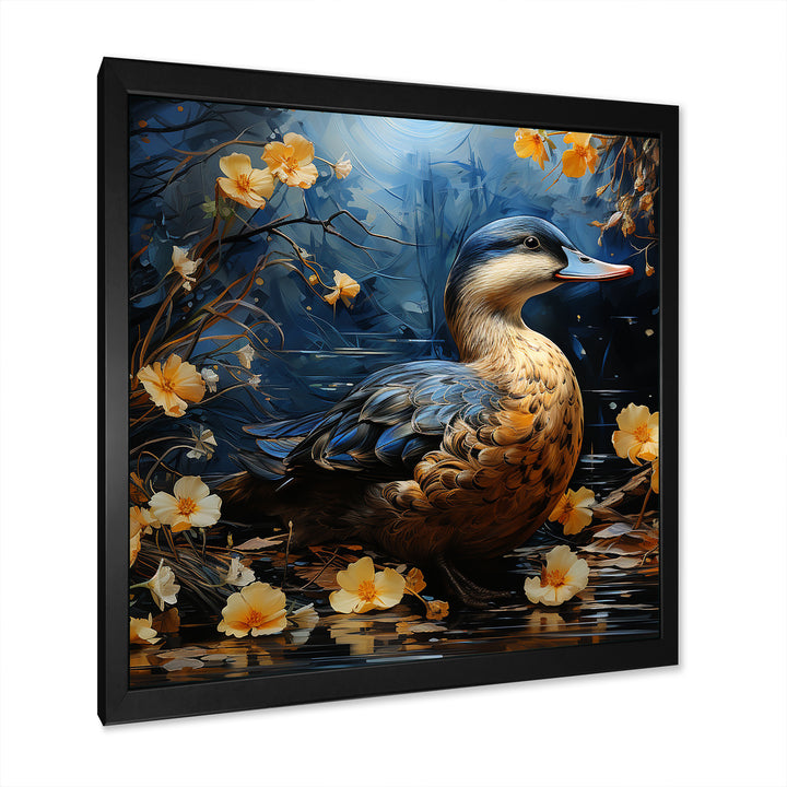 Blue and yellow duck floral Midnight Ponder - Duck Wall Art Prints