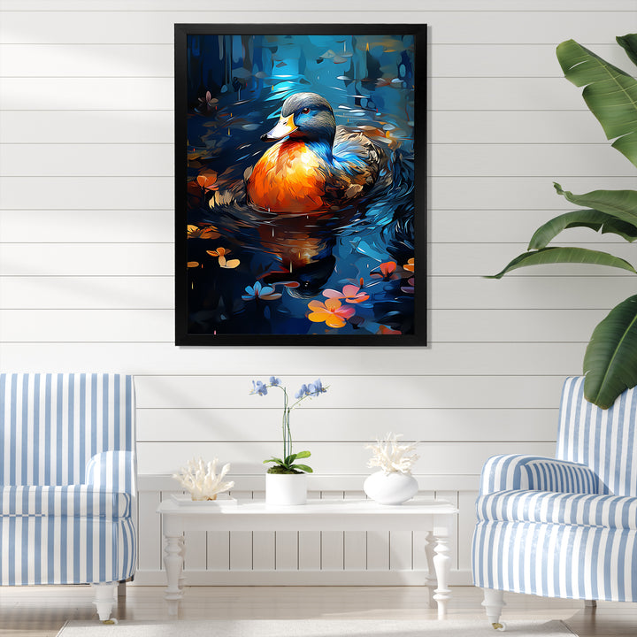 Blue and orange duck Morning Quack Lake - Duck Canvas Wall Art