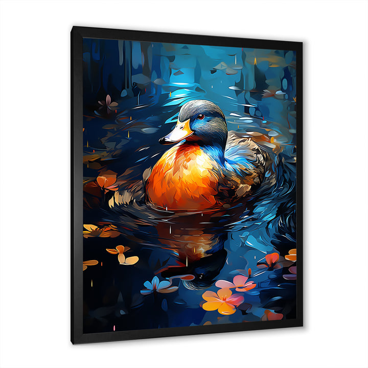 Blue and orange duck Morning Quack Lake - Duck Canvas Wall Art