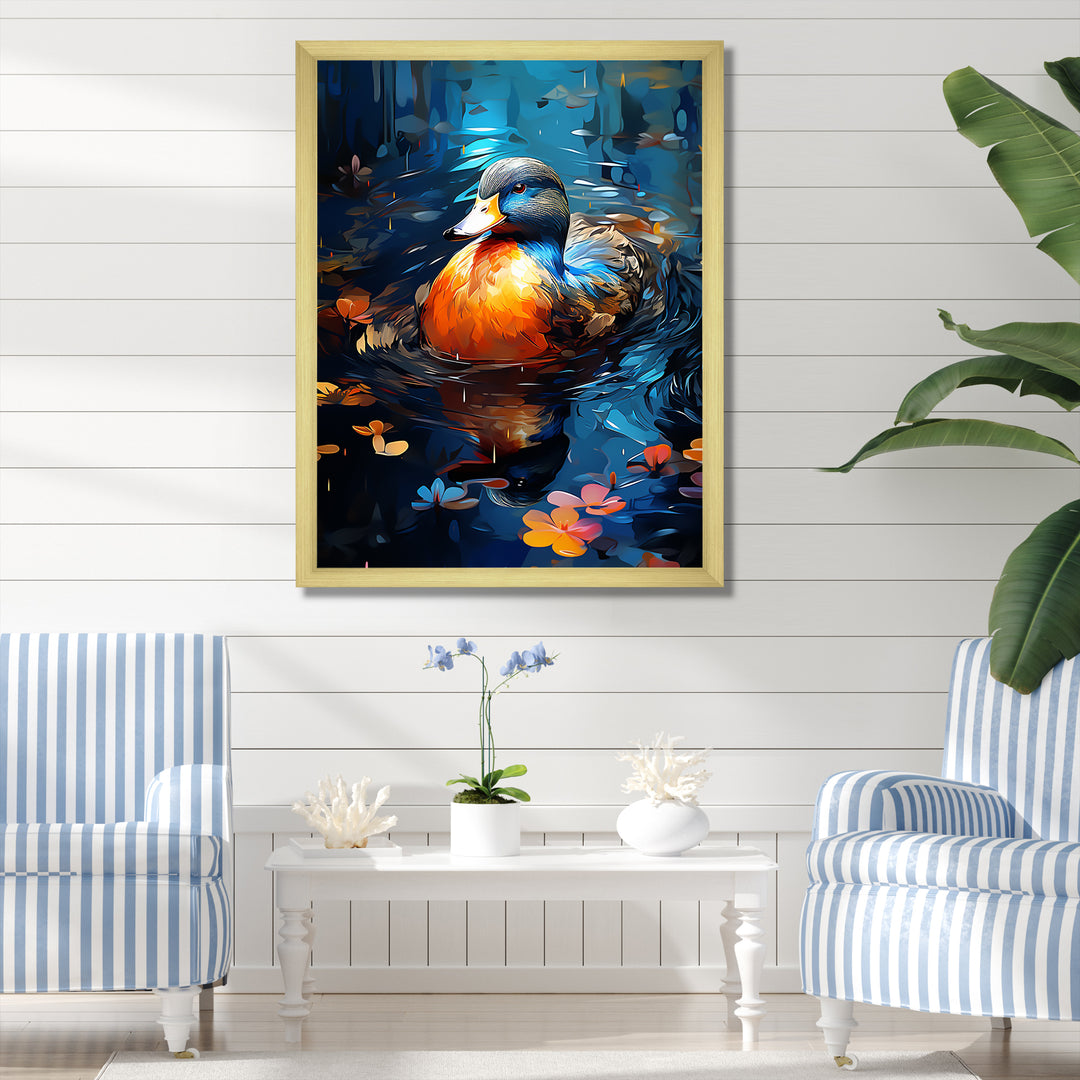 Blue and orange duck Morning Quack Lake - Duck Canvas Wall Art