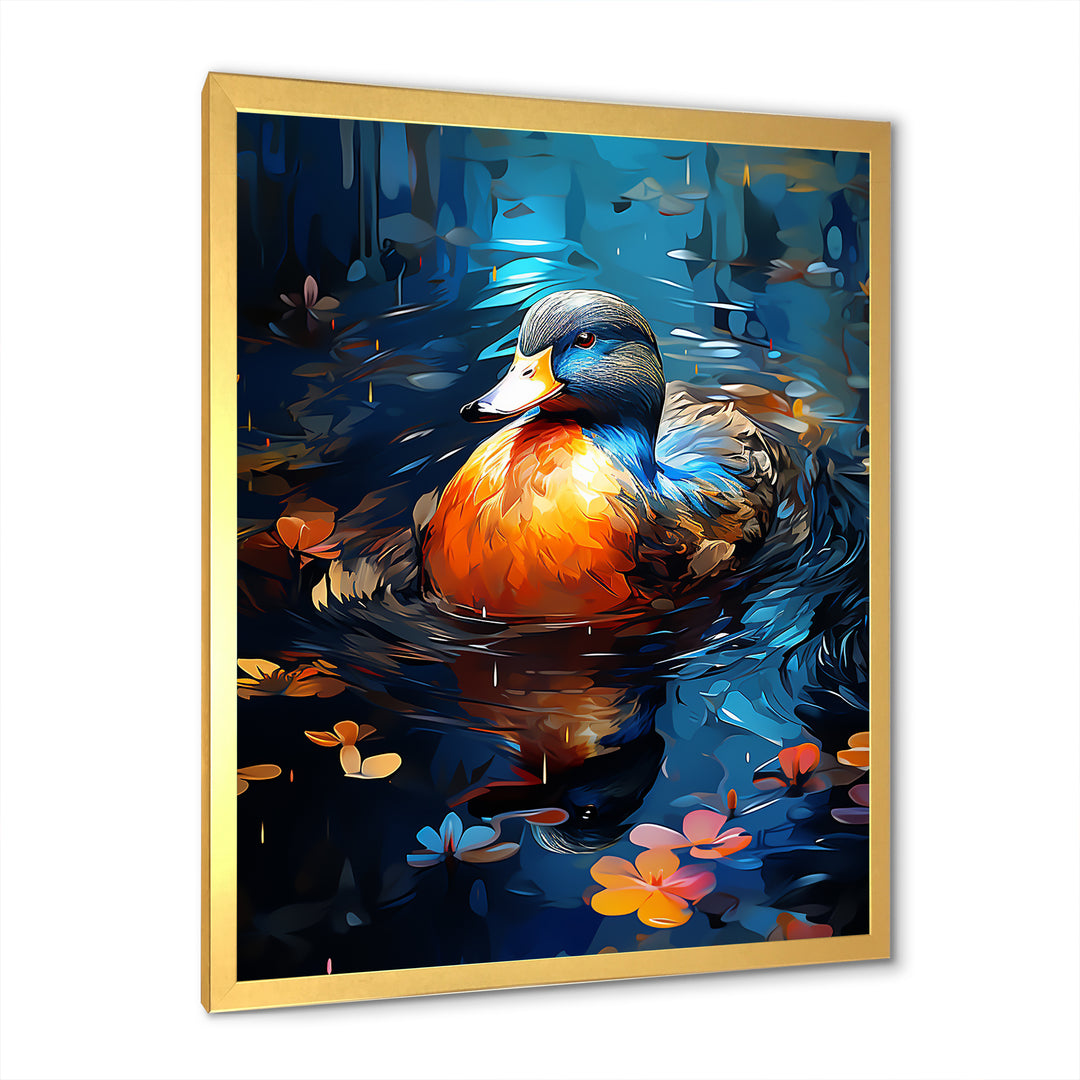 Blue and orange duck Morning Quack Lake - Duck Canvas Wall Art