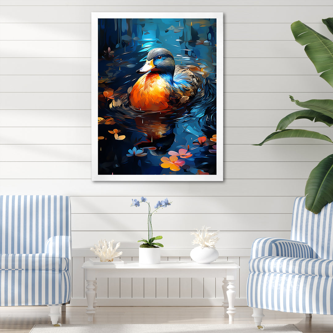 Blue and orange duck Morning Quack Lake - Duck Canvas Wall Art