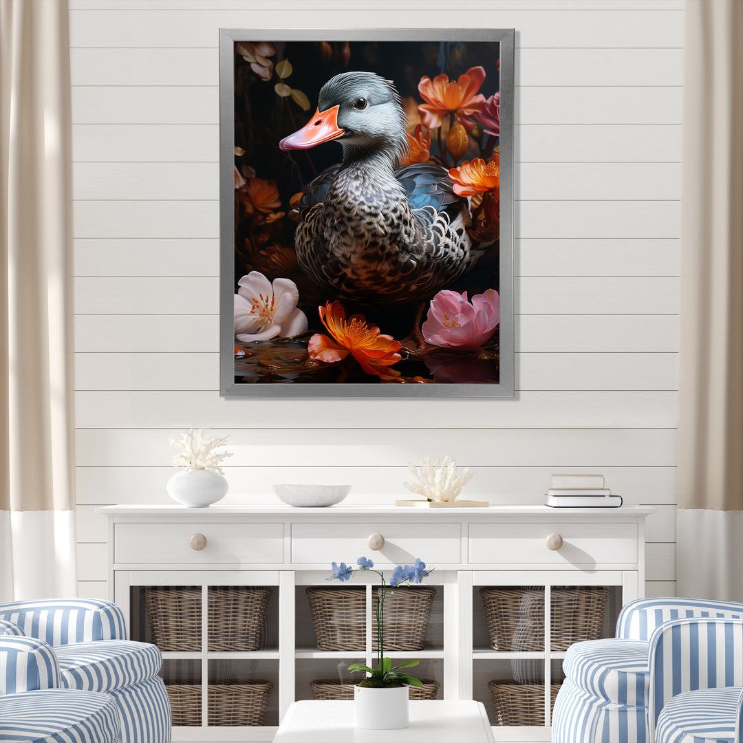Duck s floral Shadow Diver - Duck Framed Canvas Art