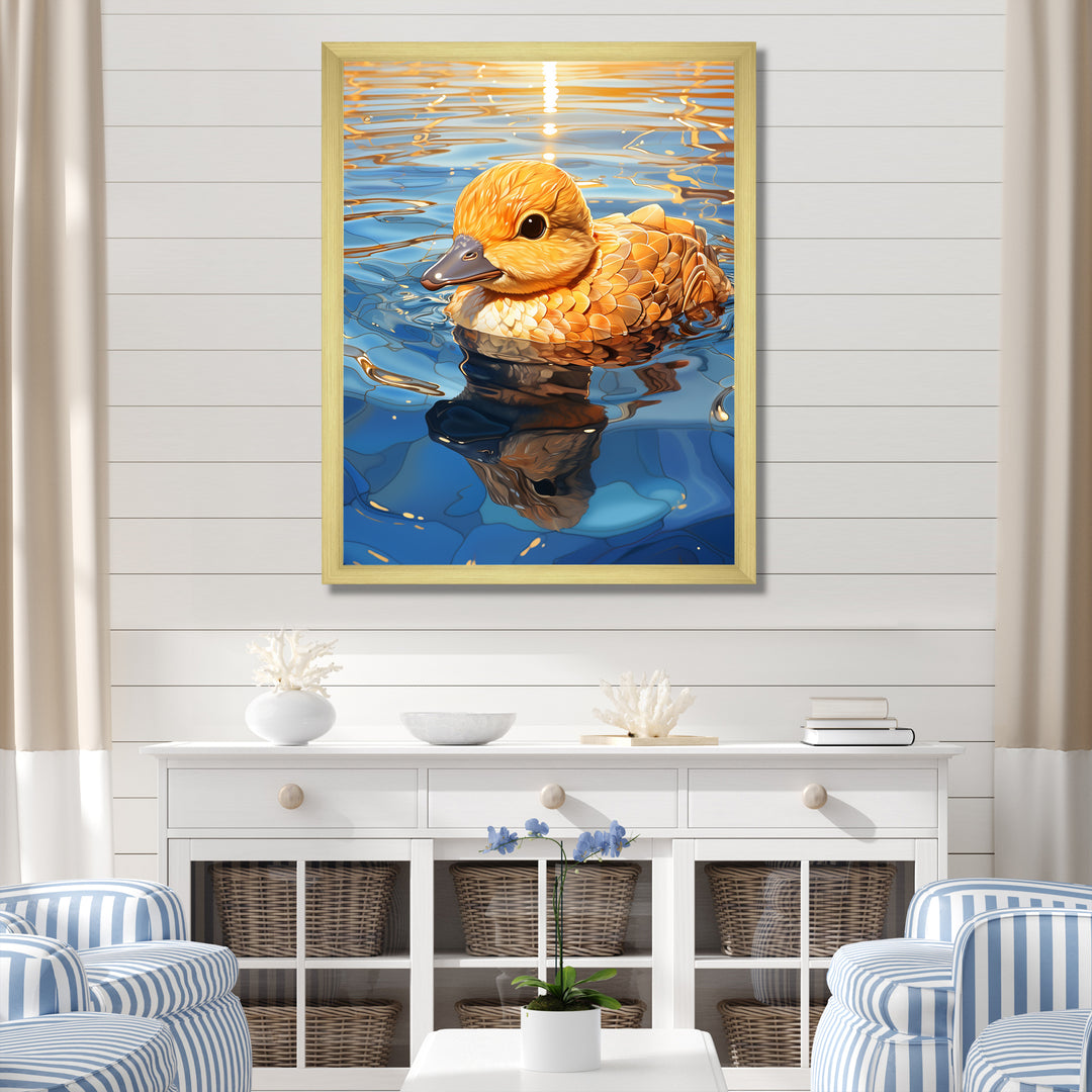 Swimming yellow duck in river - Duck Bedroom Wall Art