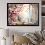 Pink Blossoming country window Gaze  I - Floral Canvas Wall Art