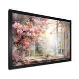 Pink Blossoming country window Gaze  I - Floral Canvas Wall Art