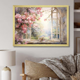 Pink Blossoming country window Gaze  I - Floral Canvas Wall Art